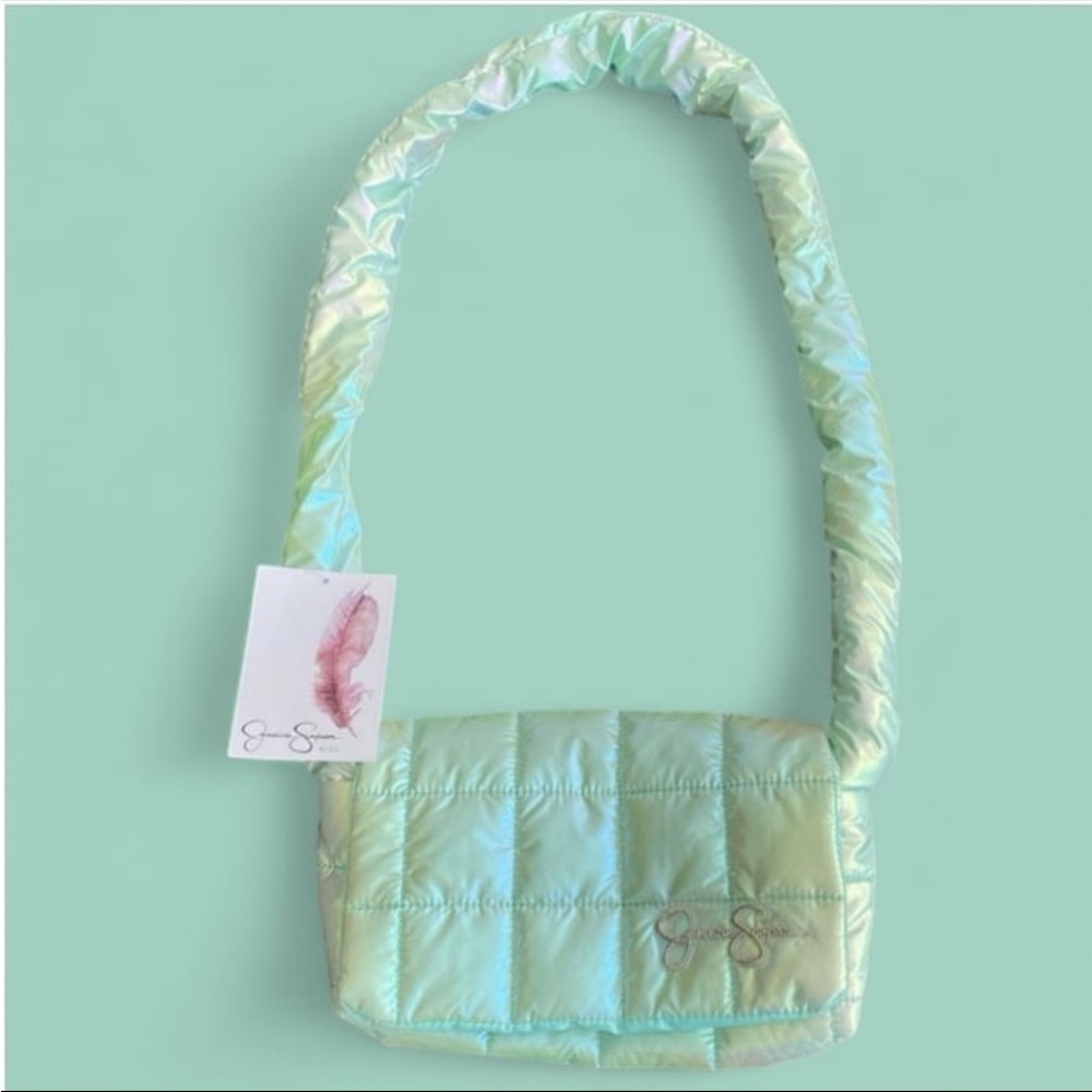 🔥 5/$25 NWT Jessica Simpson Kids Small Shimmery Green Puffer Crossbody Bag Purse